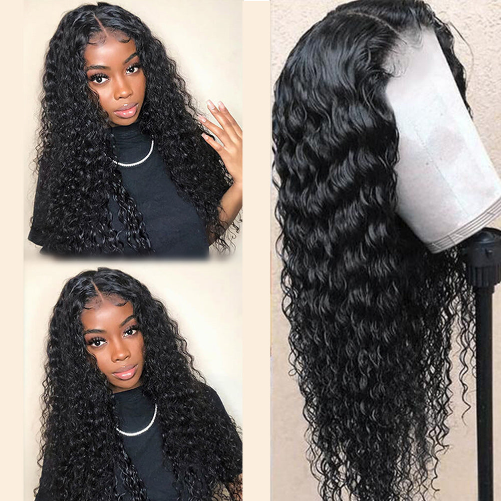 Deep Wave Full Frontal 13*4 Transparent Lace Wig Naturlal Black